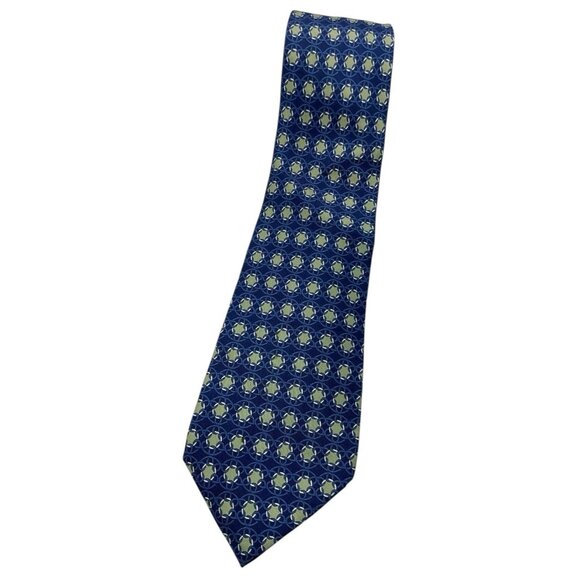 HERMÈS Men's 100% Silk Necktie LUXURY 7694 OA Blue Green Geometric W:3.6" EUC - Picture 1 of 5